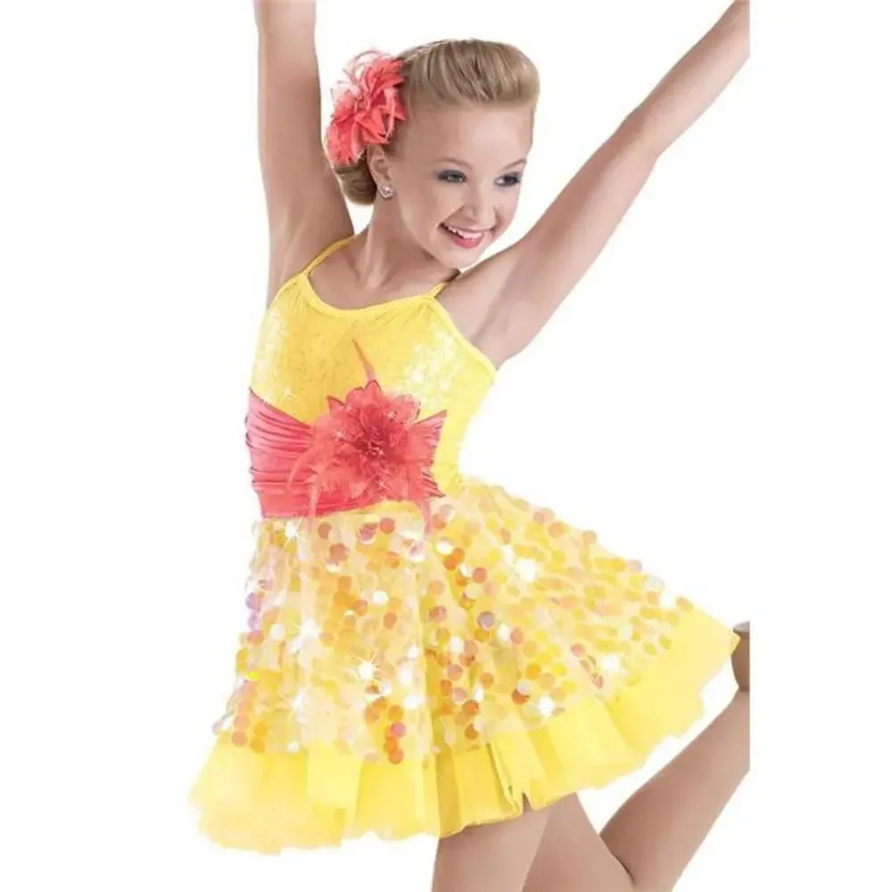 Pre-Owned Dance Costume Weissman 7800 Small Child Yellow Dress Jazz Sequin